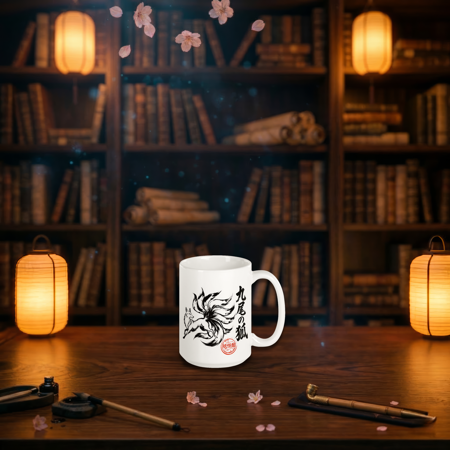 White mug with black design on a wooden table in a cozy room with bookshelves and lanterns.